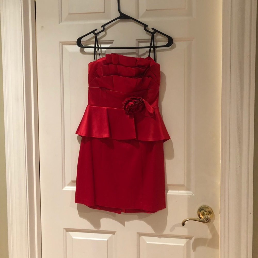 Strapless red peplum dress